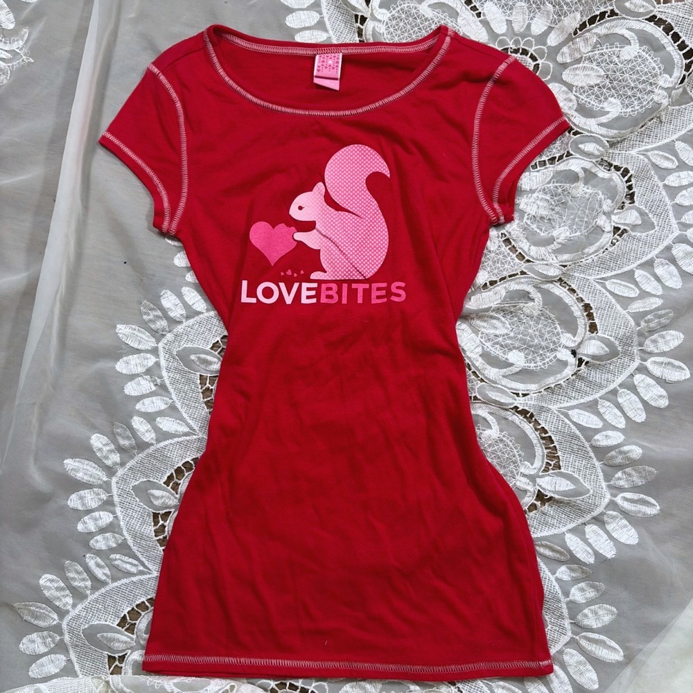 Cute Y2K Pink Love Bites Squirrel Graphic Tee Red XS Y2K Short Sleeve
